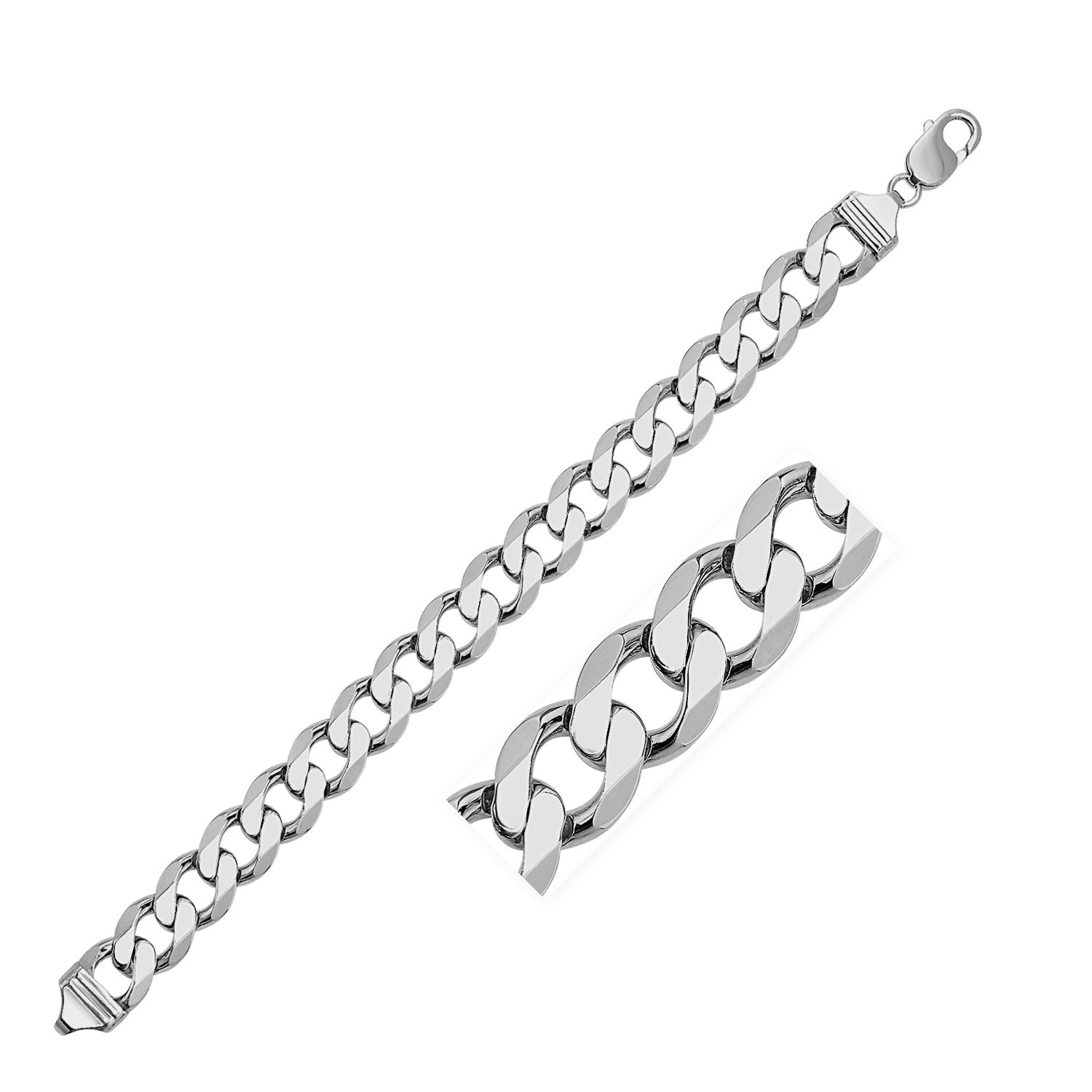 Rhodium Plated Sterling Silver Curb Style Chain (11.60 mm) in a sleek high-contrast midnight luxury editorial style
